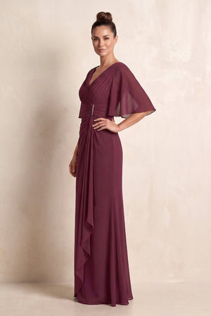 Desert Rose Chiffon Sheath Pleated Mother of the Bride Dress With Sleeves (3) | KISSBRIDAL