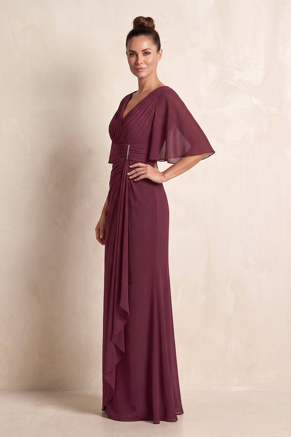 Desert Rose Chiffon Sheath Pleated Mother of the Bride Dress With Sleeves (3) | KISSBRIDAL