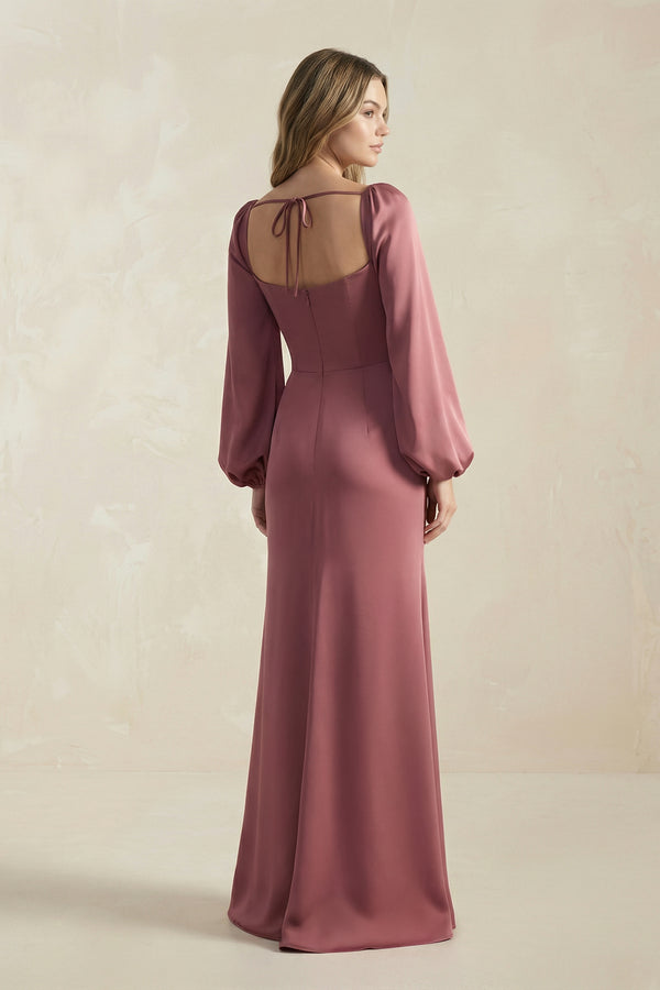 Desert Rose Cowl Neck Long Sleeve Sheath Satin Bridesmaid Dress (2) | KISSBRIDAL