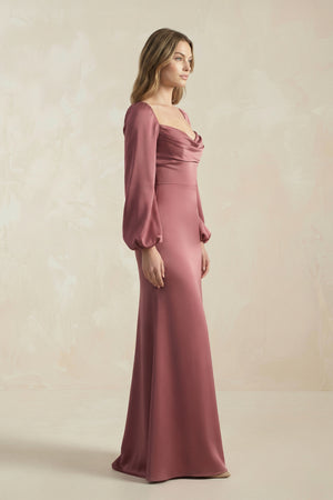 Desert Rose Cowl Neck Long Sleeve Sheath Satin Bridesmaid Dress (3) | KISSBRIDAL
