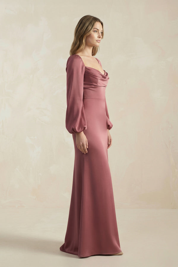 Desert Rose Cowl Neck Long Sleeve Sheath Satin Bridesmaid Dress (3) | KISSBRIDAL