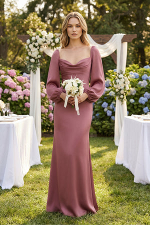Desert Rose Cowl Neck Long Sleeve Sheath Satin Bridesmaid Dress (4) | KISSBRIDAL