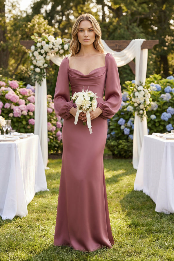 Desert Rose Cowl Neck Long Sleeve Sheath Satin Bridesmaid Dress (4) | KISSBRIDAL