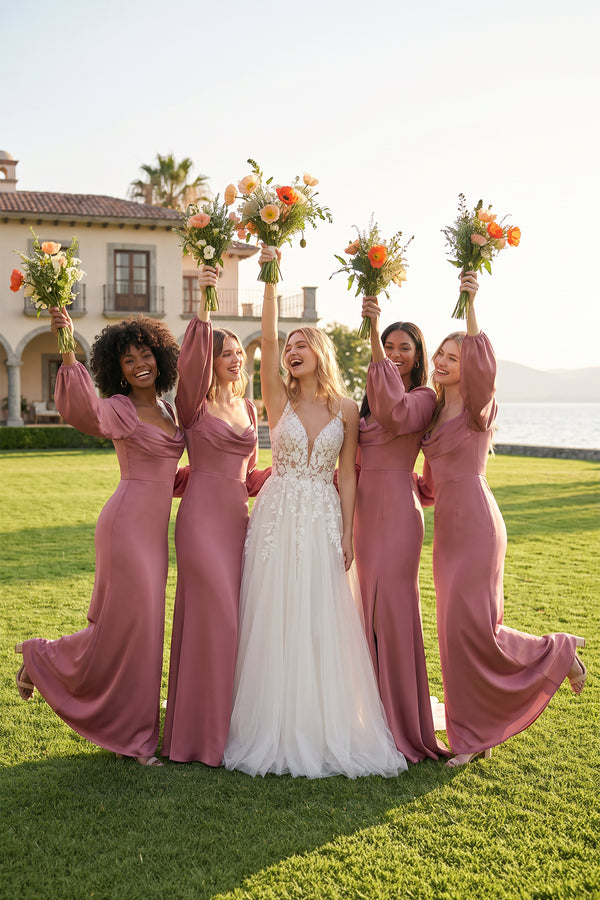Desert Rose Cowl Neck Long Sleeve Sheath Satin Bridesmaid Dress (5) | KISSBRIDAL