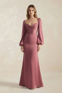 Desert Rose Cowl Neck Long Sleeve Sheath Satin Bridesmaid Dress | KISSBRIDAL
