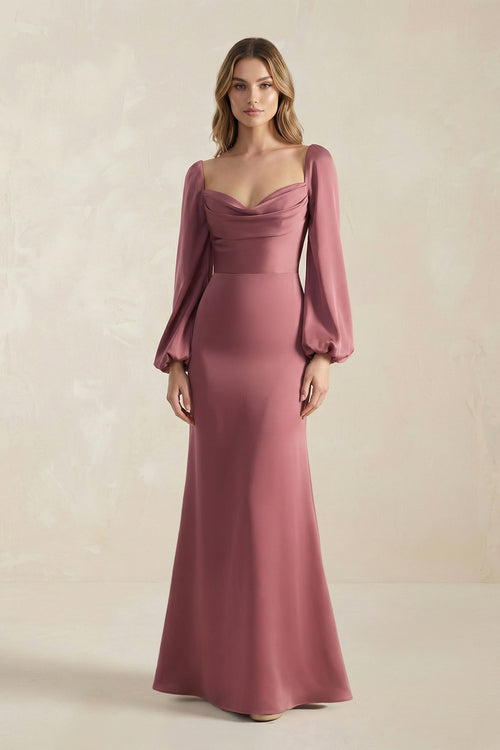 Desert Rose Cowl Neck Long Sleeve Sheath Satin Bridesmaid Dress | KISSBRIDAL
