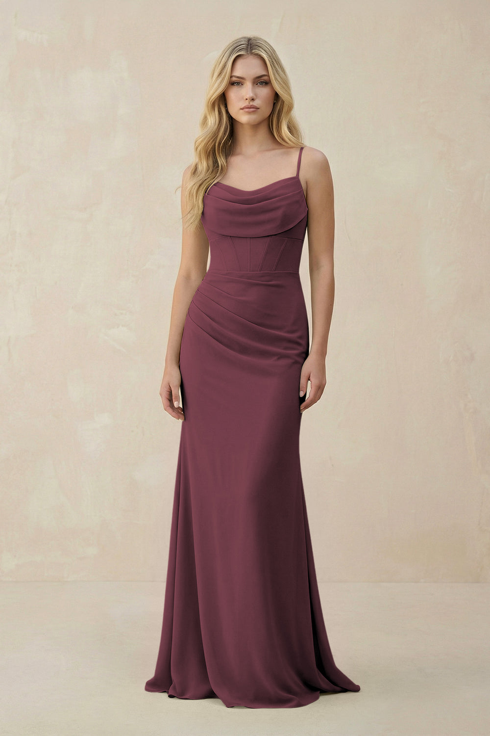 Cowl Neck Sheath Chiffon Bridesmaid Dress with Corset in Desert Rose