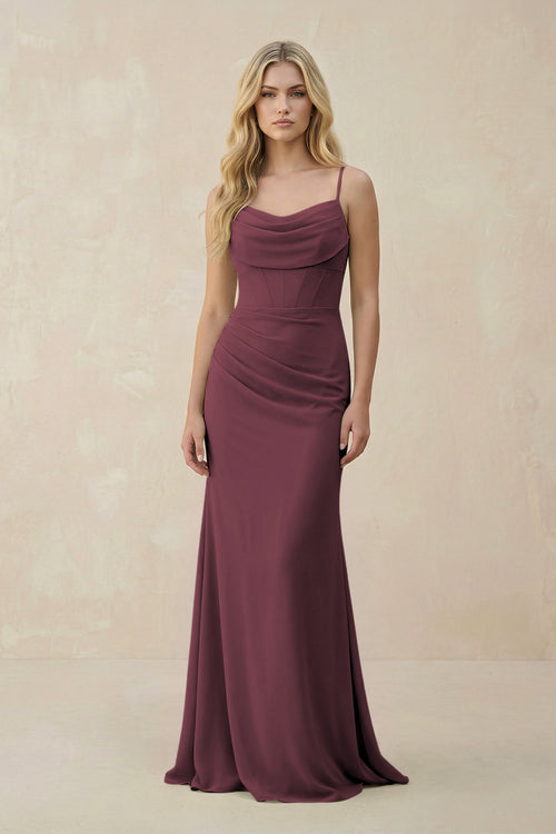 Desert Rose Cowl Neck Sheath Chiffon Bridesmaid Dress with Corset | KISSBRIDAL
