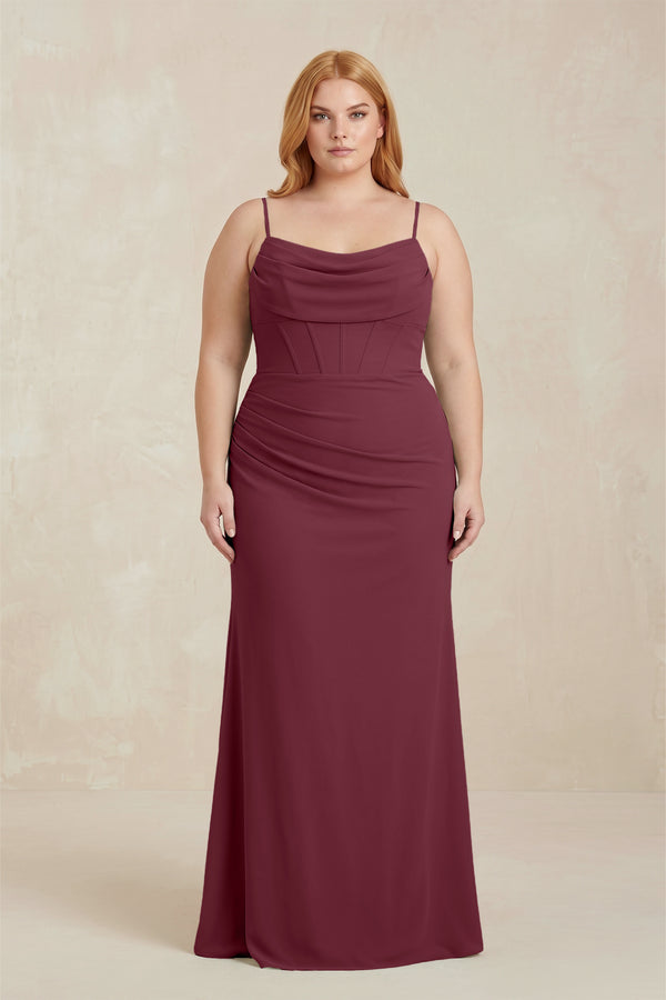 Desert Rose Cowl Neck Sheath Chiffon Bridesmaid Dress with Corset  [sizeplus] | KISSBRIDAL