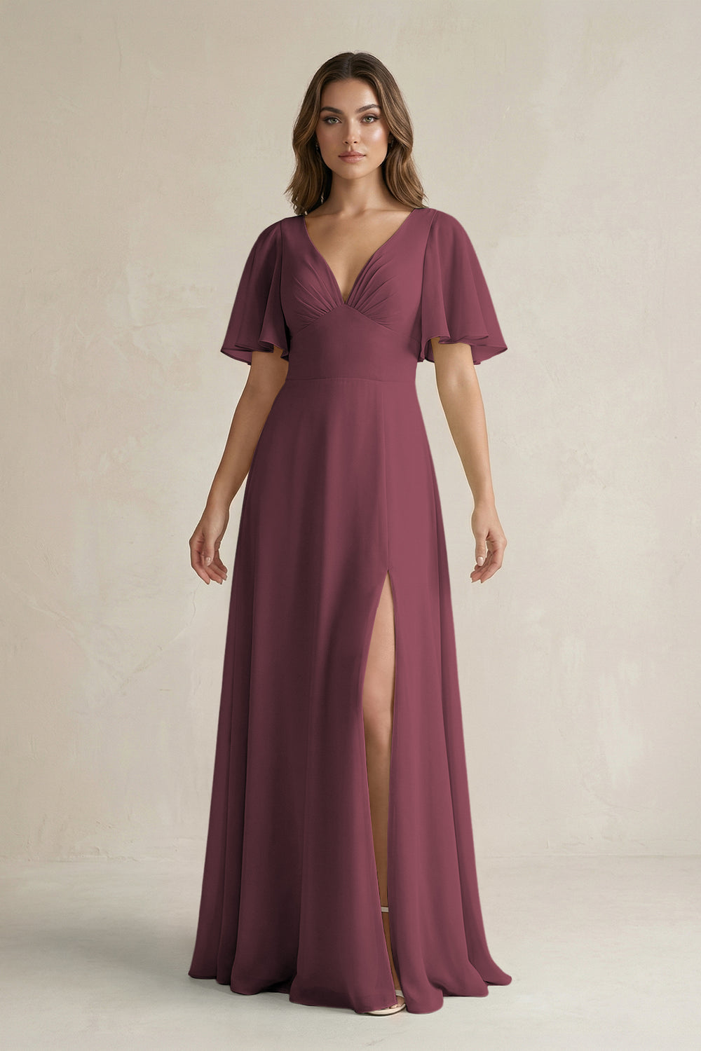 Flutter Sleeve V-Neck A-Line Chiffon Bridesmaid Dress in Desert Rose