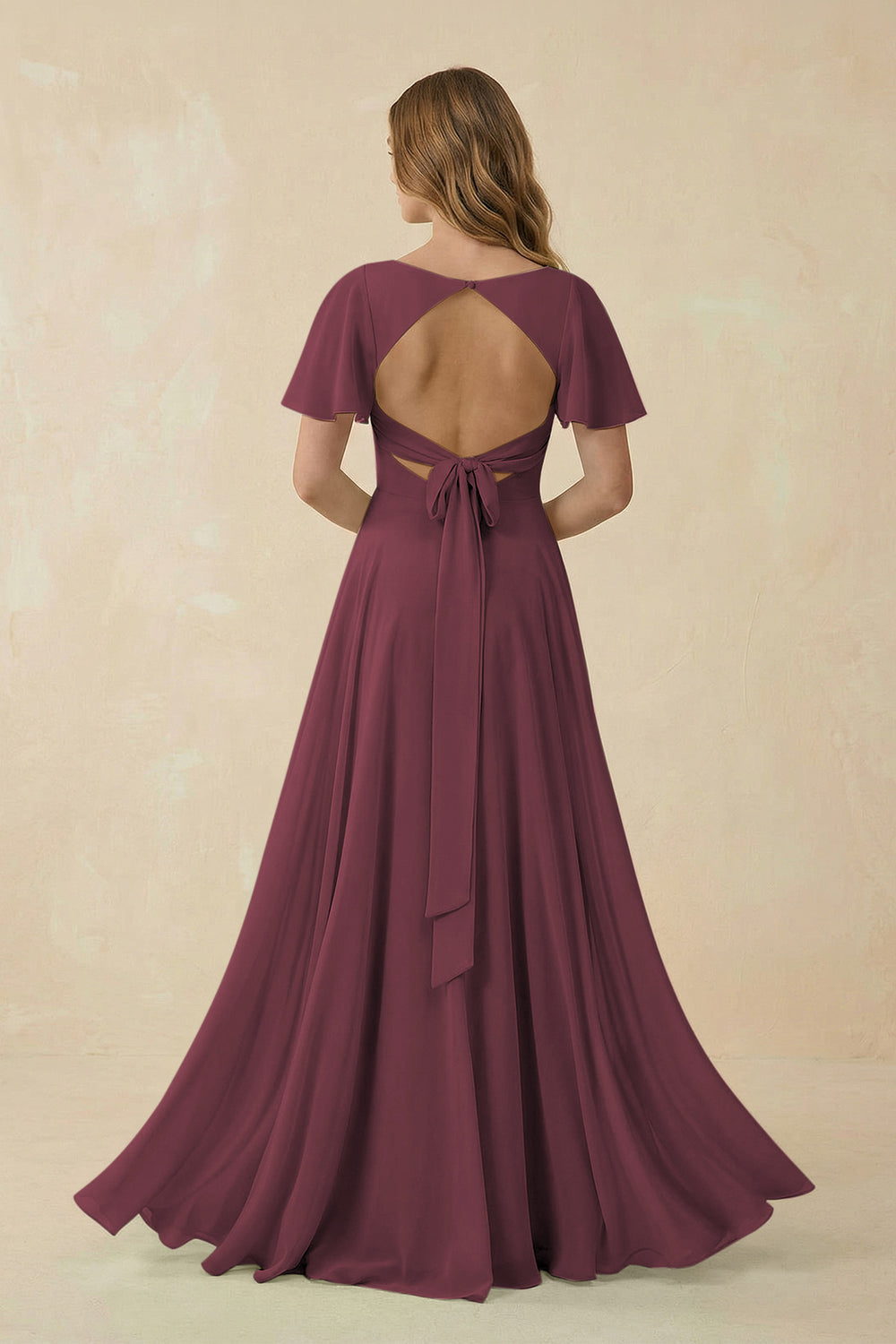 Flutter Sleeve V-Neck Chiffon A-Line Bridesmaid Dress in Desert Rose