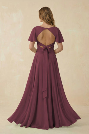 Desert Rose Flutter Sleeve V-Neck Chiffon A-Line Bridesmaid Dress (2) | KISSBRIDAL