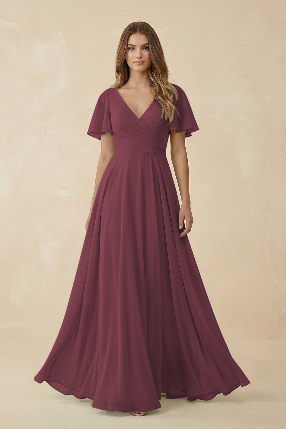 Flutter Sleeve V-Neck Chiffon A-Line Bridesmaid Dress in Desert Rose