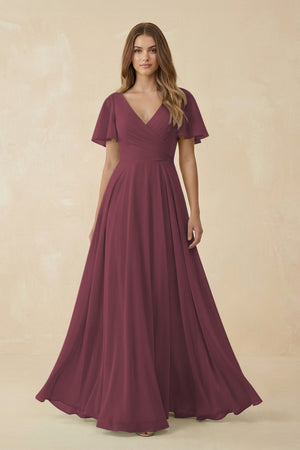 Desert Rose Flutter Sleeve V-Neck Chiffon A-Line Bridesmaid Dress | KISSBRIDAL