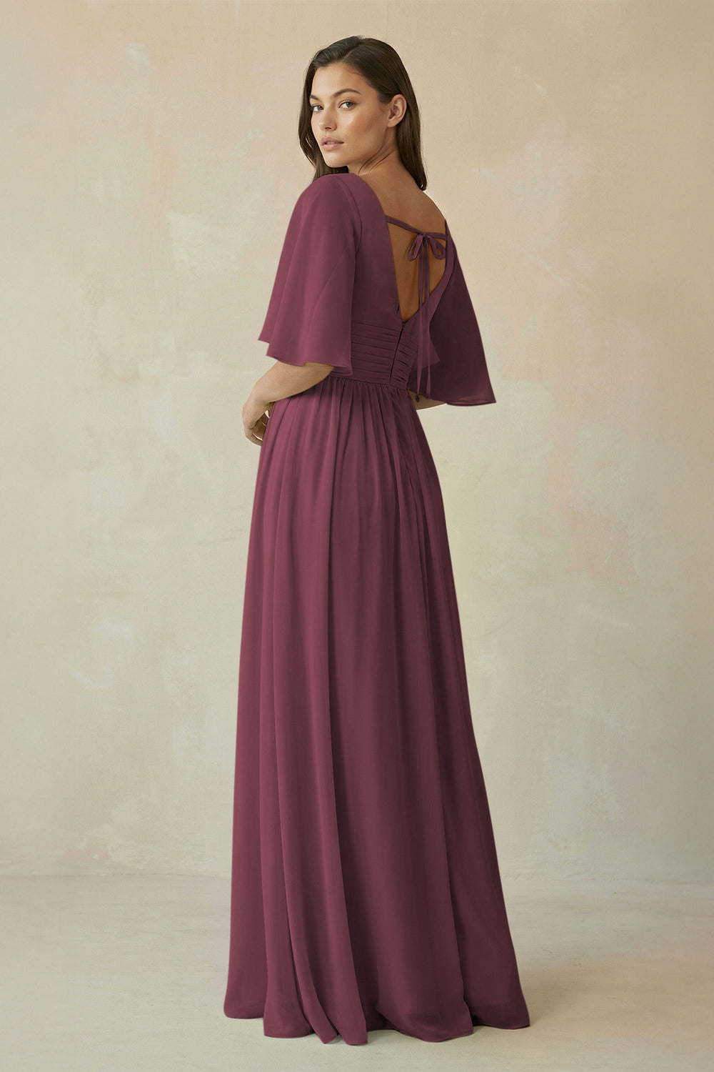 Half Sleeve V-Neck A-Line Chiffon Bridesmaid Gown in Desert Rose