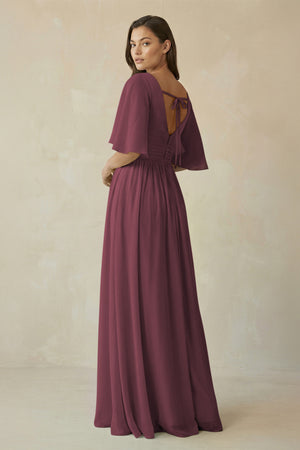 Desert Rose Half Sleeve V-Neck A-Line Chiffon Bridesmaid Gown (2) | KISSBRIDAL