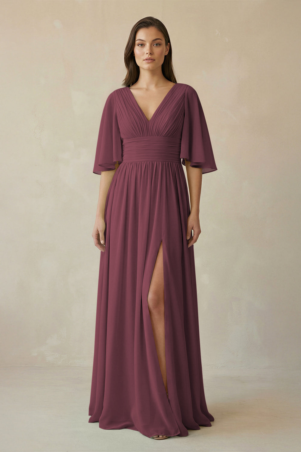 Half Sleeve V-Neck A-Line Chiffon Bridesmaid Gown in Desert Rose