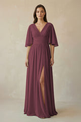 Desert Rose Half Sleeve V-Neck A-Line Chiffon Bridesmaid Gown | KISSBRIDAL