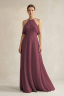 Desert Rose Halter Neck A-Line Chiffon Bridesmaid Dress with Keyhole | KISSBRIDAL