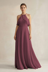 Desert Rose Halter Neck A-Line Chiffon Bridesmaid Dress with Keyhole | KISSBRIDAL