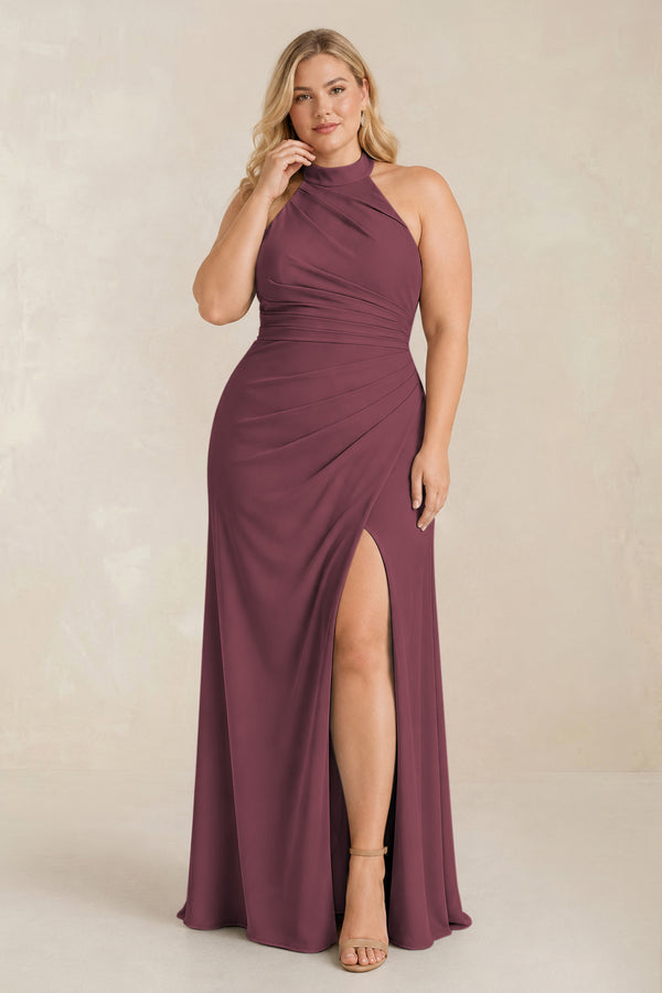 Desert Rose High Neck Chiffon Sheath Ruched Bridesmaid Dress [sizeplus] | KISSBRIDAL
