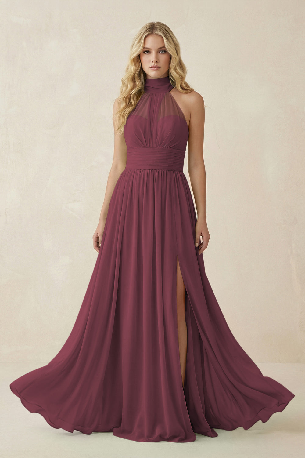 Illusion Halter A-Line Chiffon Bridesmaid Gown in Desert Rose