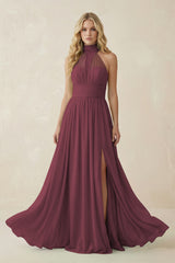 Desert Rose Illusion Halter A-Line Chiffon Bridesmaid Gown | KISSBRIDAL