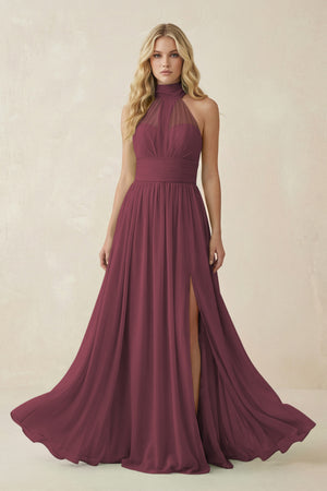 Desert Rose Illusion Halter A-Line Chiffon Bridesmaid Gown | KISSBRIDAL