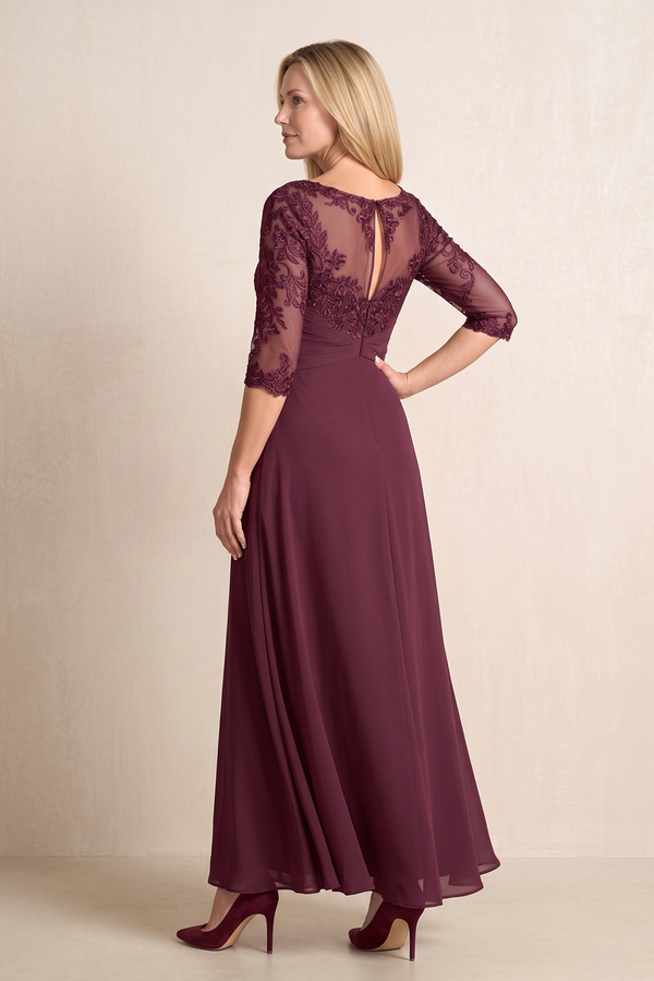 Desert Rose Illusion Neck A-Line Embroidered Chiffon Mother of the Bride Dress With Sleeves (2) | KISSBRIDAL