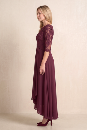 Desert Rose Illusion Neck A-Line Embroidered Chiffon Mother of the Bride Dress With Sleeves (3) | KISSBRIDAL