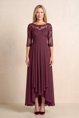Desert Rose Illusion Neck A-Line Embroidered Chiffon Mother of the Bride Dress With Sleeves | KISSBRIDAL