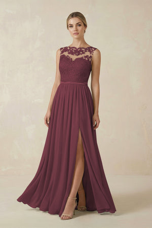 Desert Rose Lace A-Line Bateau Neck Chiffon Long Bridesmaid Dress | KISSBRIDAL
