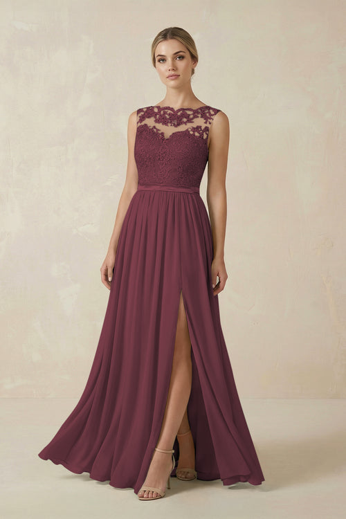 Desert Rose Lace A-Line Bateau Neck Chiffon Long Bridesmaid Dress | KISSBRIDAL