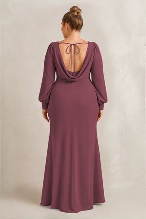 Desert Rose Long Sleeve V-Neck Sheath Chiffon Bridesmaid Dress (2) [sizeplus] | KISSBRIDAL