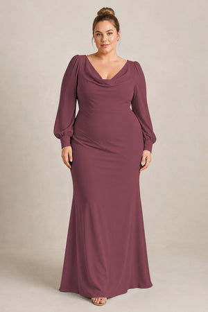 Desert Rose Long Sleeve V-Neck Sheath Chiffon Bridesmaid Dress [sizeplus] | KISSBRIDAL