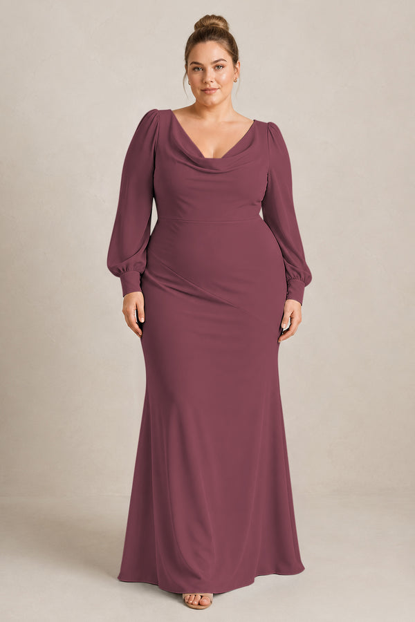 Desert Rose Long Sleeve V-Neck Sheath Chiffon Bridesmaid Dress [sizeplus] | KISSBRIDAL