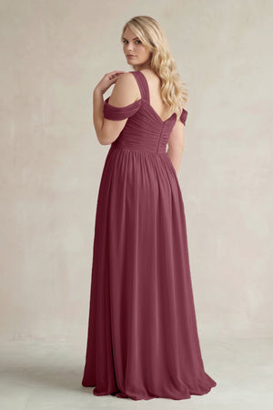 Desert Rose Off-the-Shoulder A-Line Chiffon Bridesmaid Dress With Slit (2) | KISSBRIDAL