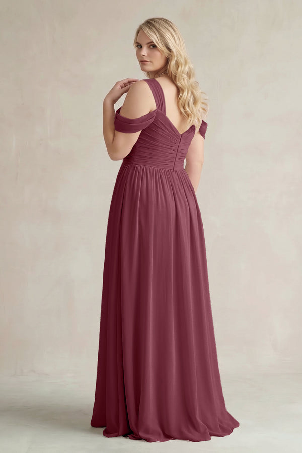 Desert Rose Off-the-Shoulder A-Line Chiffon Bridesmaid Dress With Slit (2) | KISSBRIDAL
