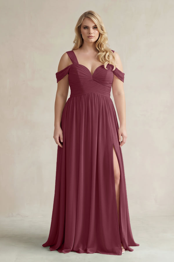 Desert Rose Off-the-Shoulder A-Line Chiffon Bridesmaid Dress With Slit | KISSBRIDAL