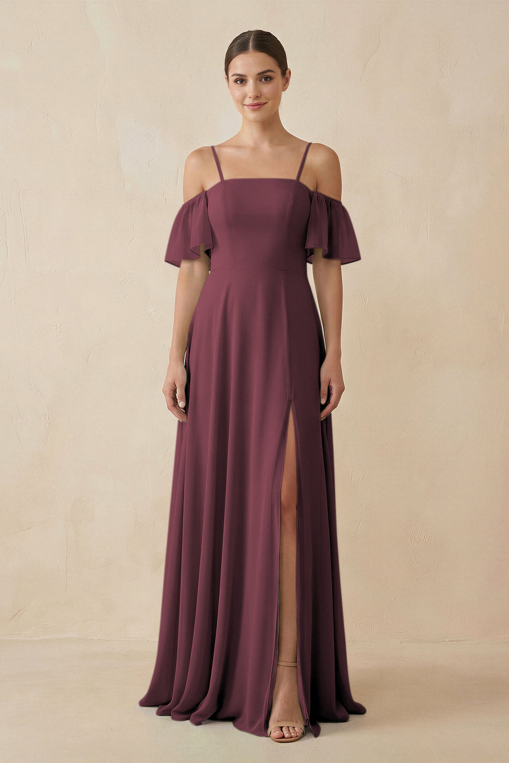 Off-the-Shoulder A-Line Chiffon Bridesmaid Dress in Desert Rose