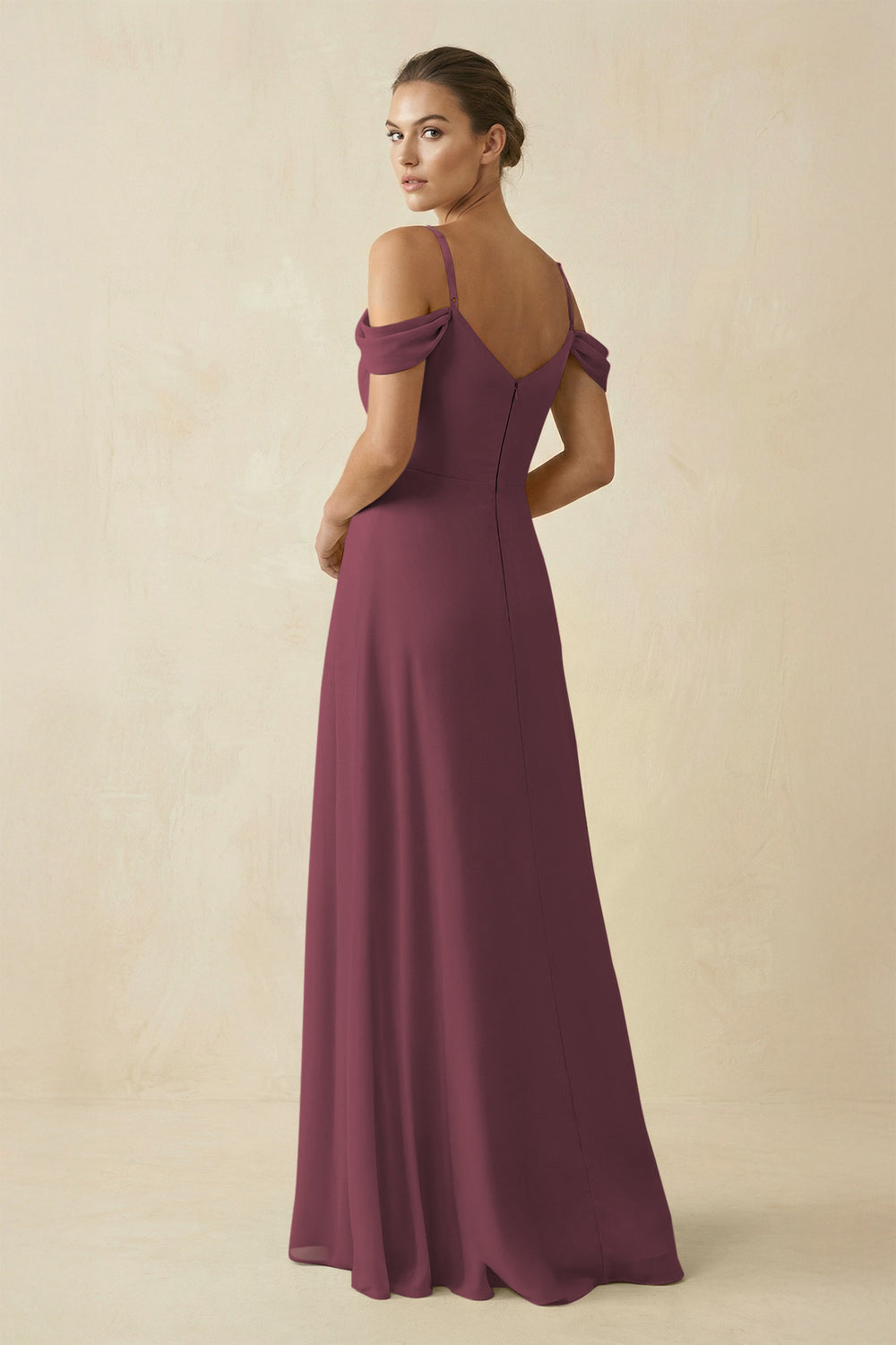 Off-the-Shoulder A-Line Pleated Chiffon Bridesmaid Gown in Desert Rose