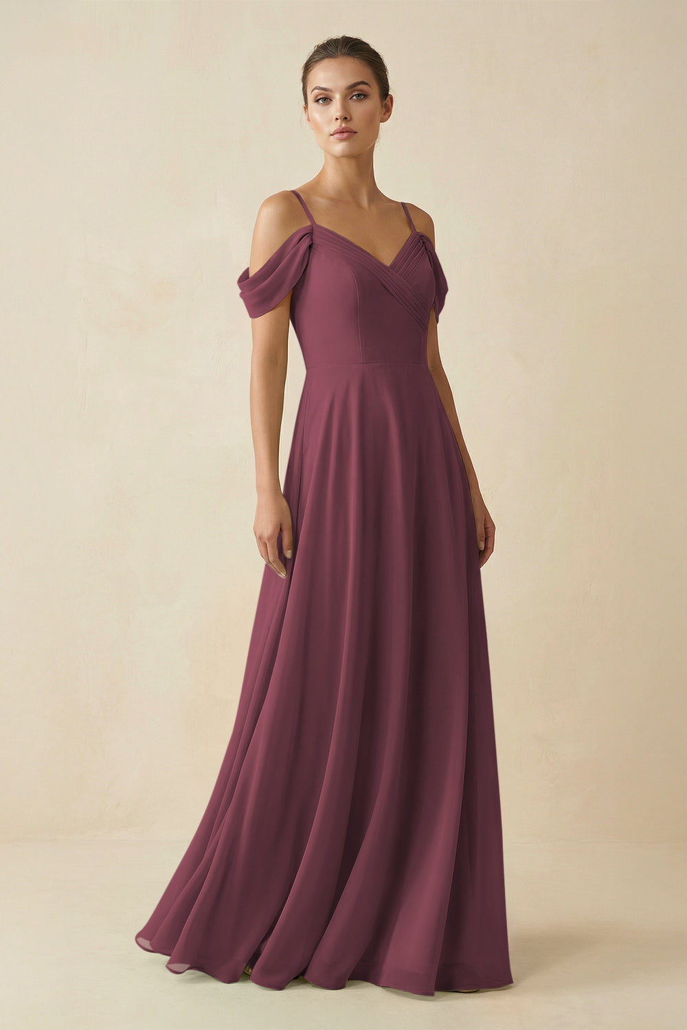 Off-the-Shoulder A-Line Pleated Chiffon Bridesmaid Gown in Desert Rose