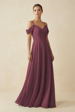 Desert Rose Off-the-Shoulder A-Line Pleated Chiffon Bridesmaid Gown | KISSBRIDAL