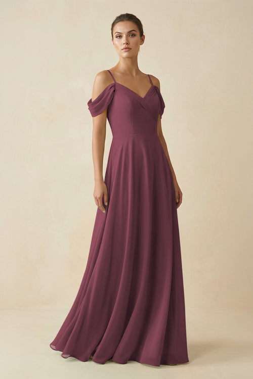 Desert Rose Off-the-Shoulder A-Line Pleated Chiffon Bridesmaid Gown | KISSBRIDAL