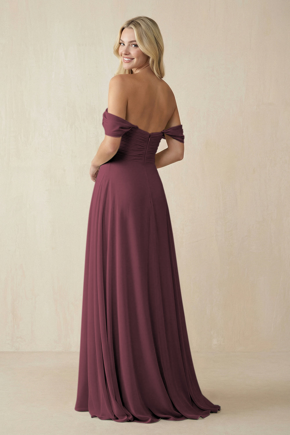 Off-the-Shoulder Chiffon A-Line Long Bridesmaid Dress in Desert Rose