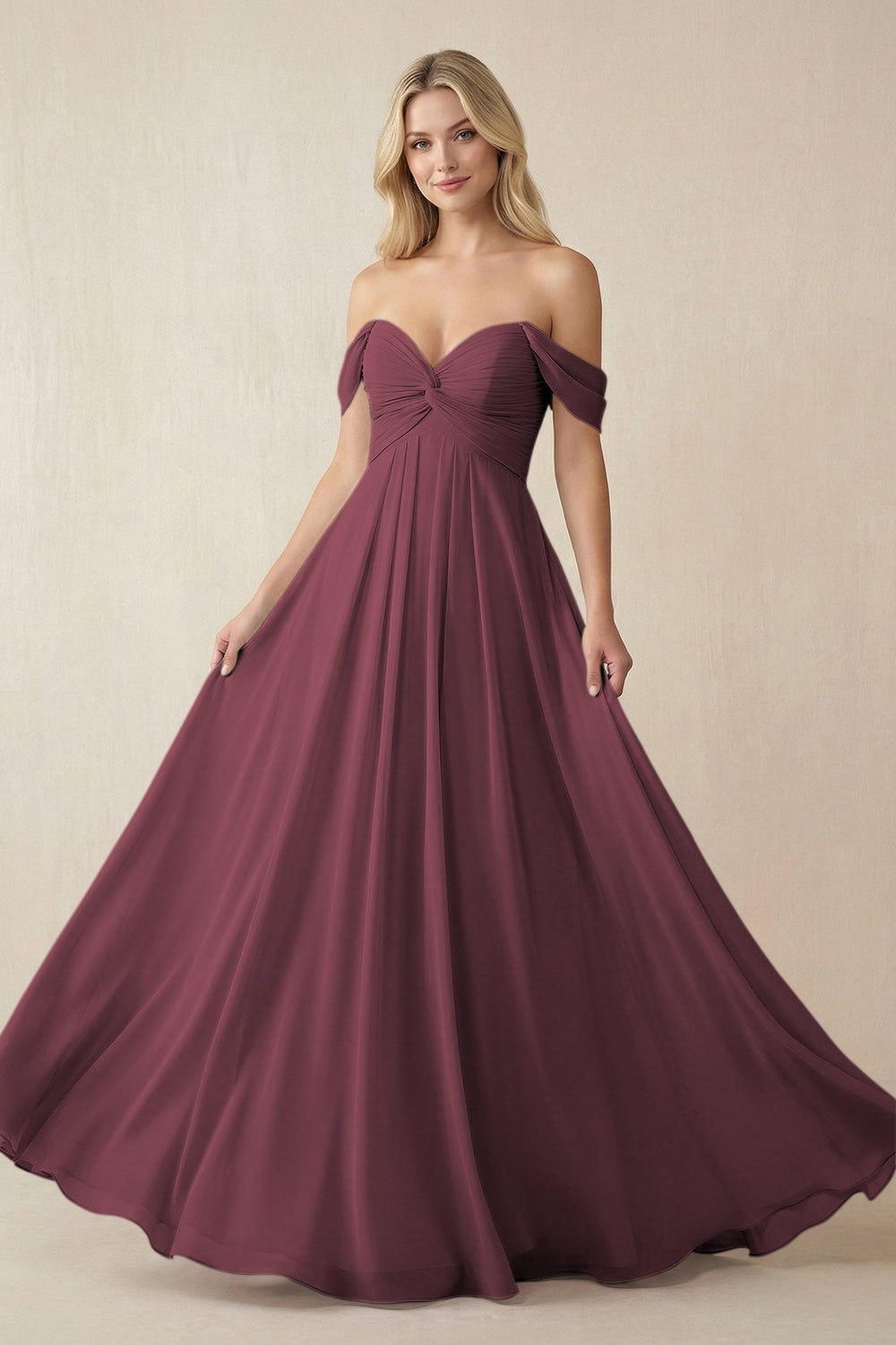 Off-the-Shoulder Chiffon A-Line Long Bridesmaid Dress in Desert Rose