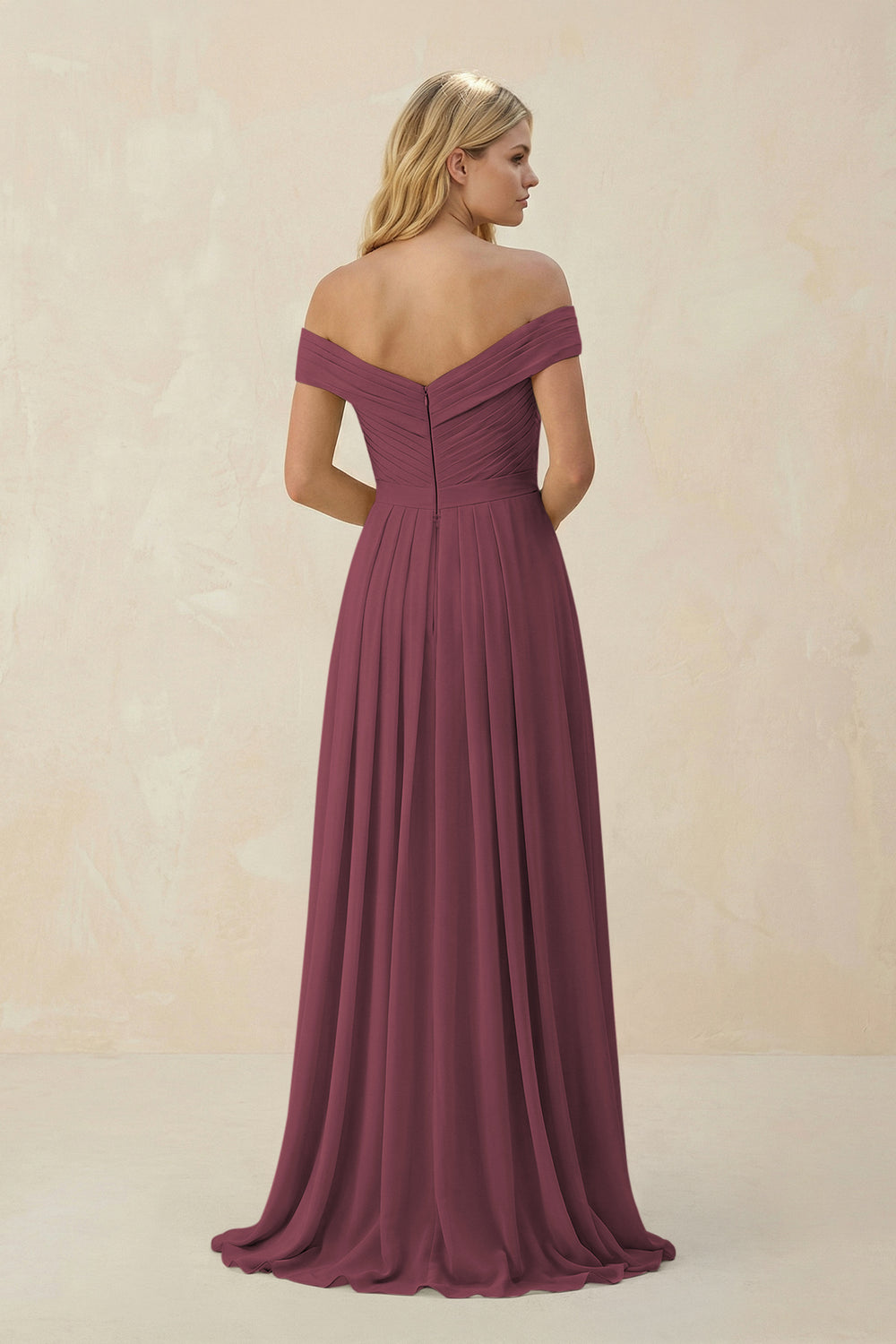Off-the-Shoulder Pleated A-Line Chiffon Bridesmaid Dress in Desert Rose