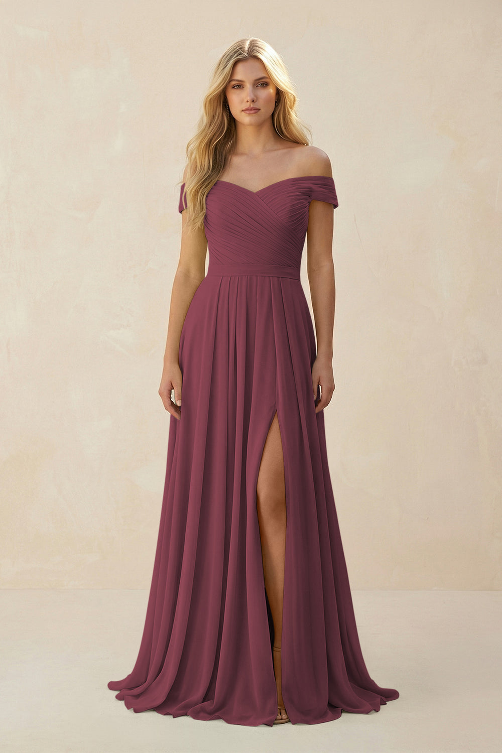 Off-the-Shoulder Pleated A-Line Chiffon Bridesmaid Dress in Desert Rose