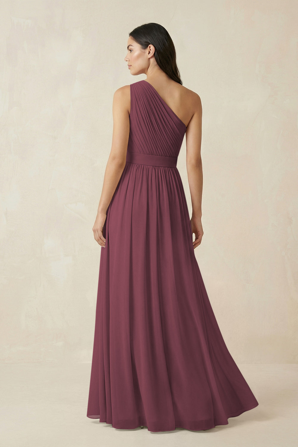 One-Shoulder Pleated Chiffon Bridesmaid Gown in Desert Rose