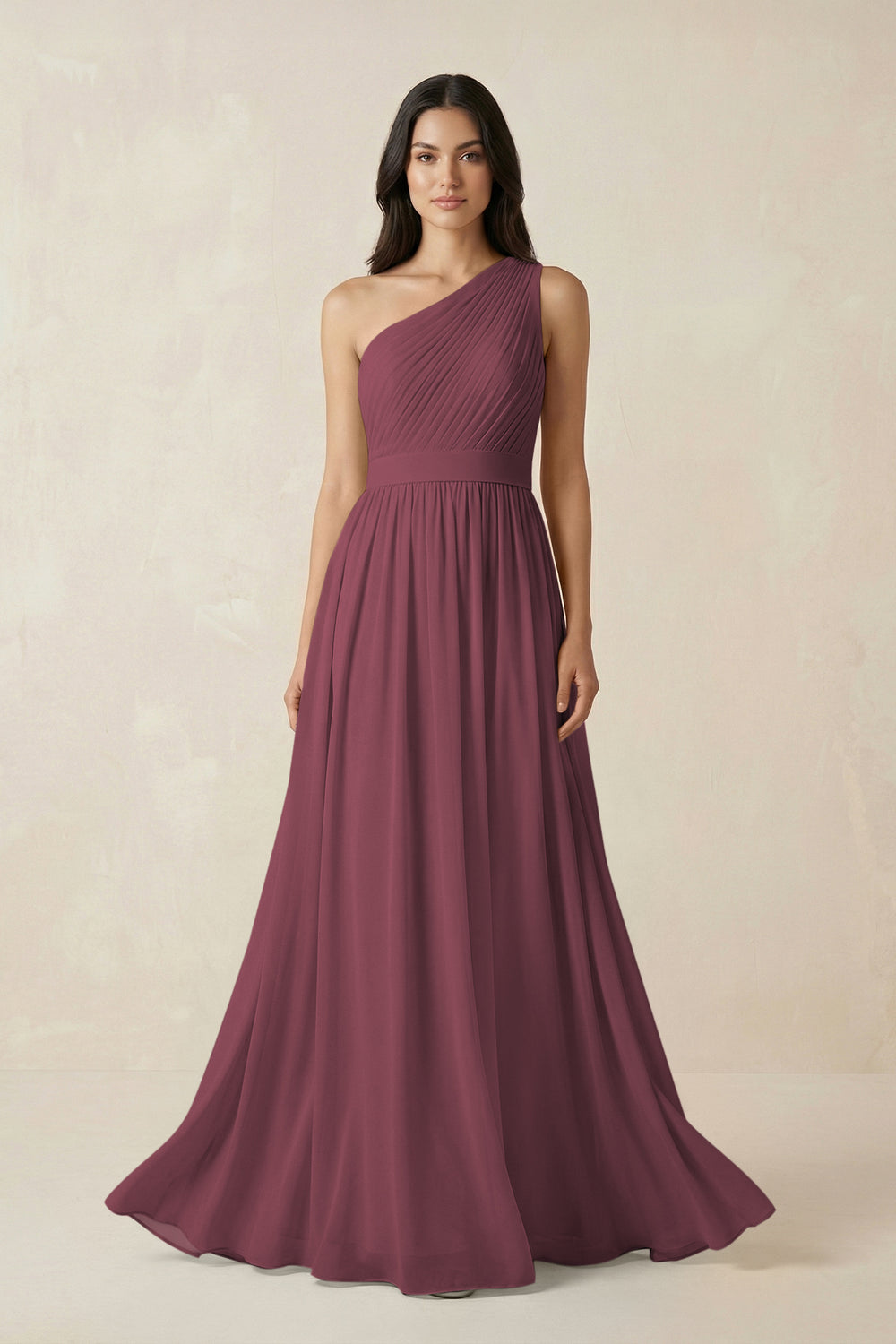 One-Shoulder Pleated Chiffon Bridesmaid Gown in Desert Rose